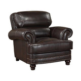 Milford Brown accent chair side view showing solid wood espresso finish feet