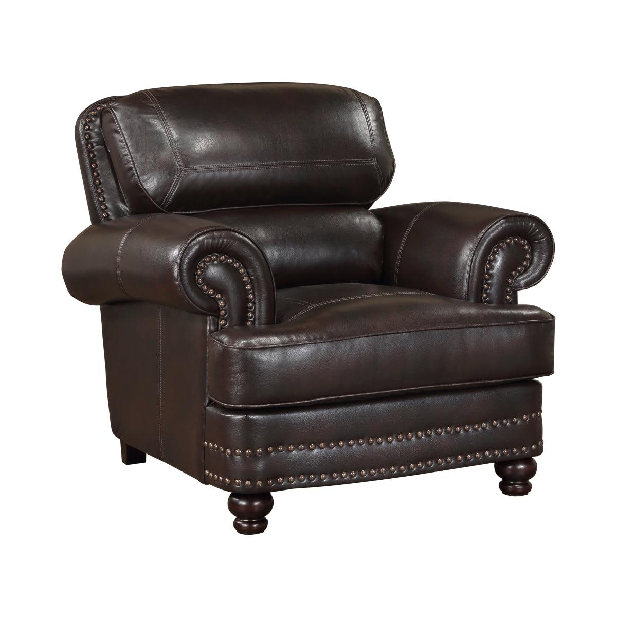 Milford Brown accent chair side view showing solid wood espresso finish feet