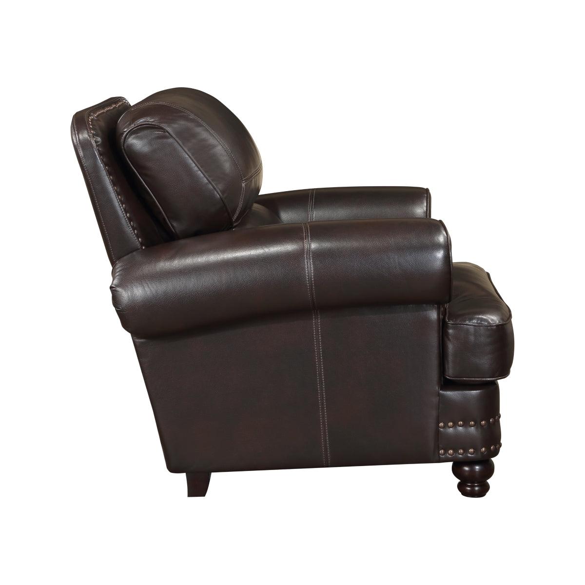 Brown faux leather upholstered chair with plush cushions and traditional styling