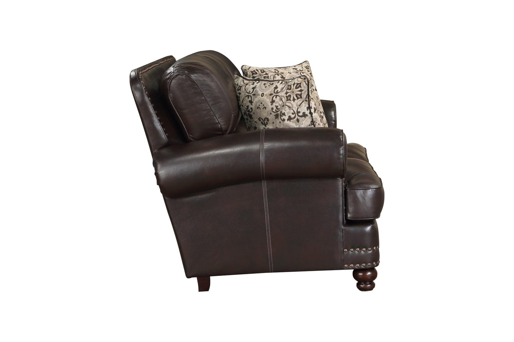 Milford brown faux leather loveseat angled side view