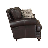 Milford Brown Faux Leather Loveseat close-up of nailhead trim