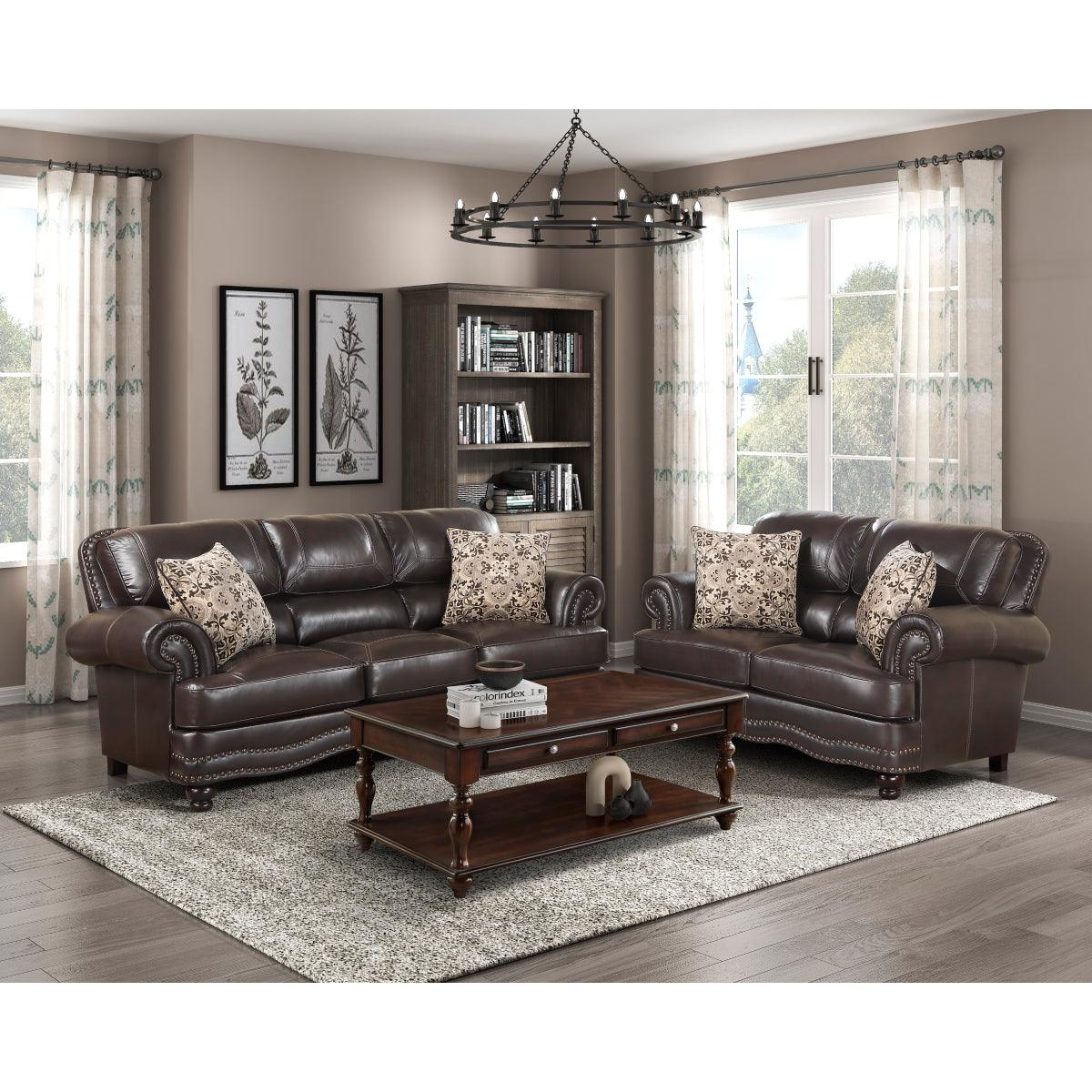 Milford Brown Loveseat espresso wood feet detail