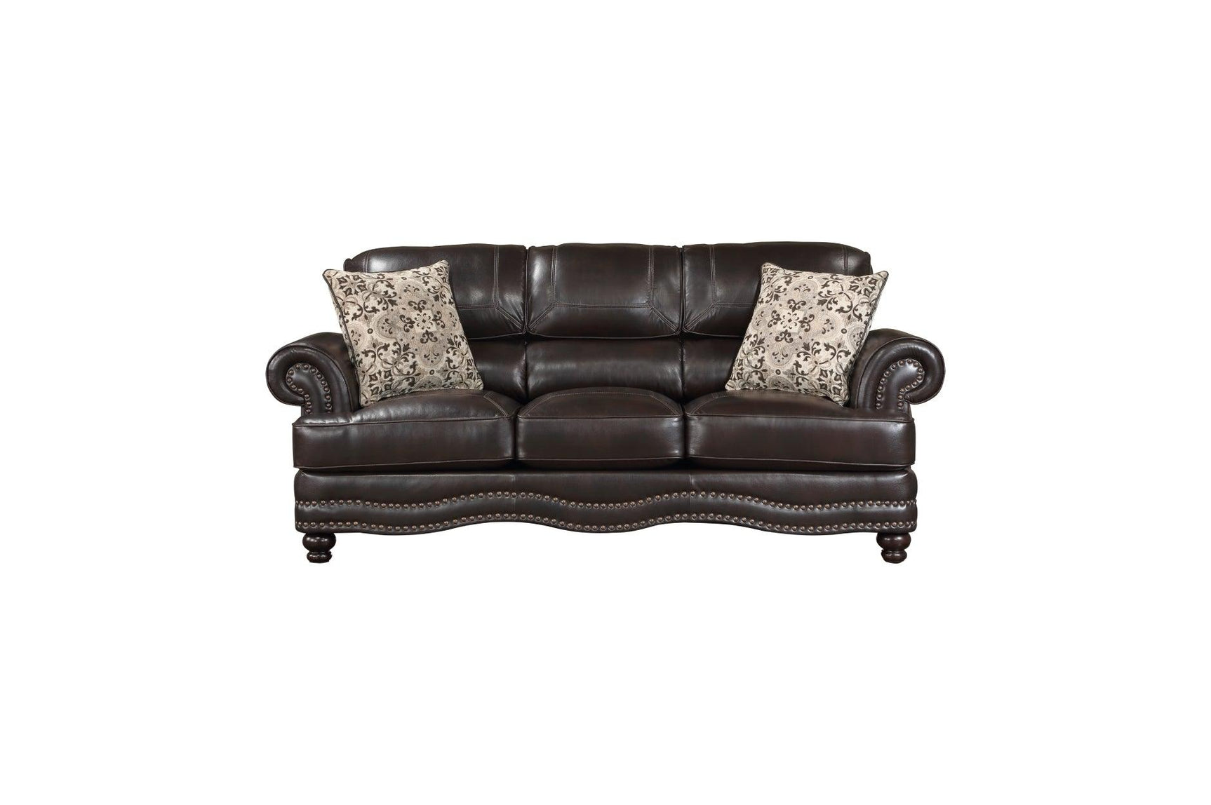Close-up detail of Milford brown faux leather upholstery