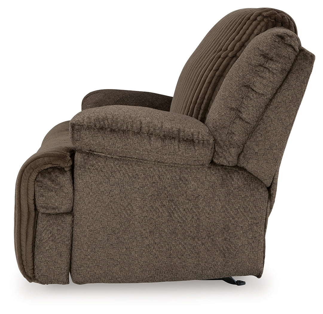 Top Chocolate Tier 5-Piece Sectional Sofa with Recliner in chocolate corduroy upholstery