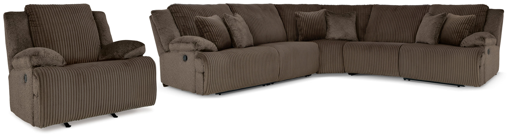 Top Chocolate Tier 5-Piece Sectional Sofa with Recliner in chocolate corduroy upholstery