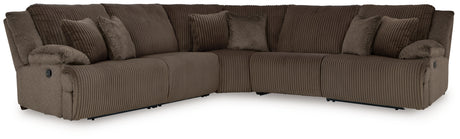 Top Chocolate Tier 5-Piece Sectional Sofa with Recliner in chocolate corduroy upholstery