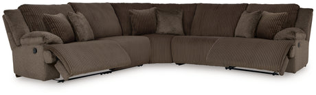 Top Chocolate Tier 5-Piece Sectional Sofa with Recliner in chocolate corduroy upholstery