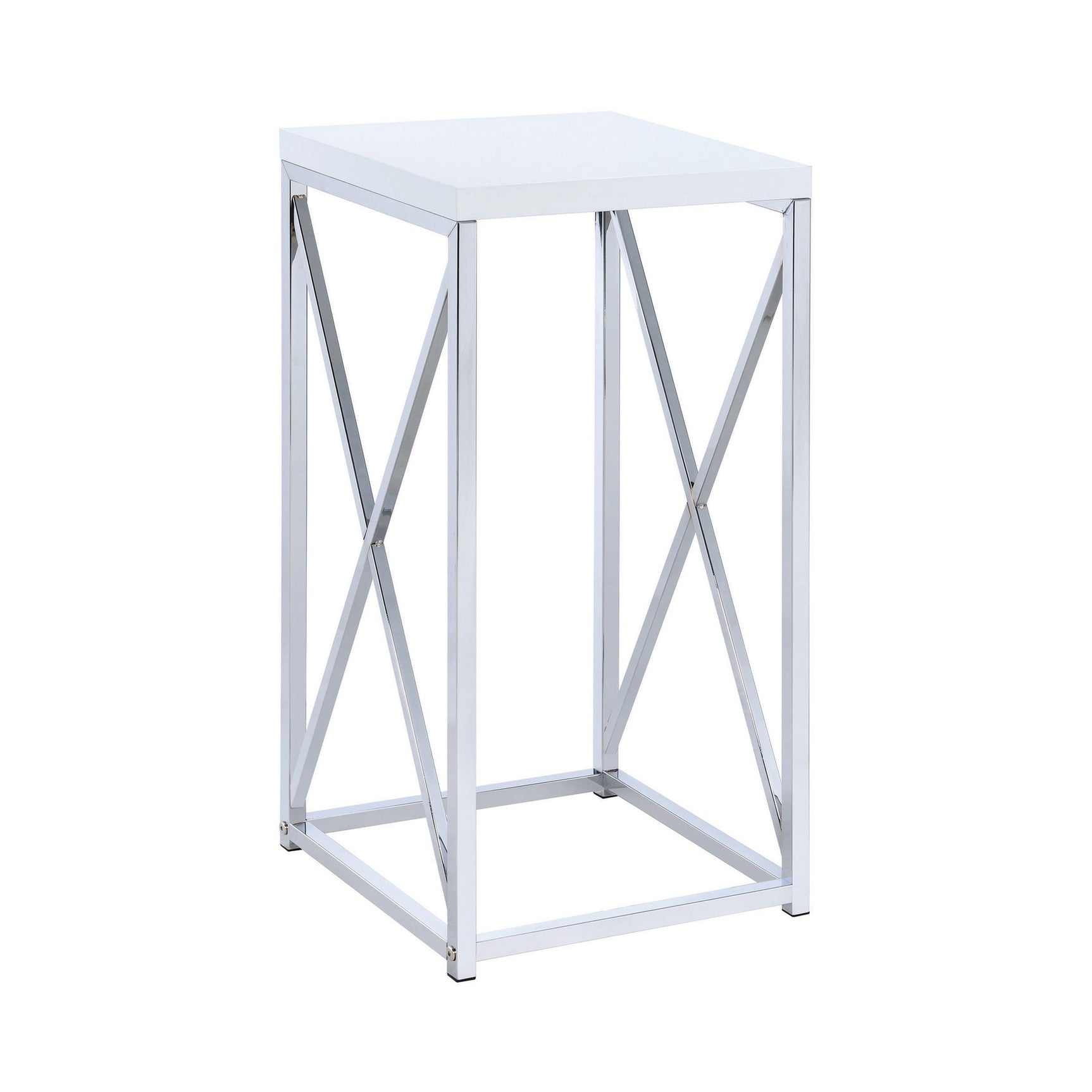 Edmund Accent Table close-up of chrome X-cross metal base
