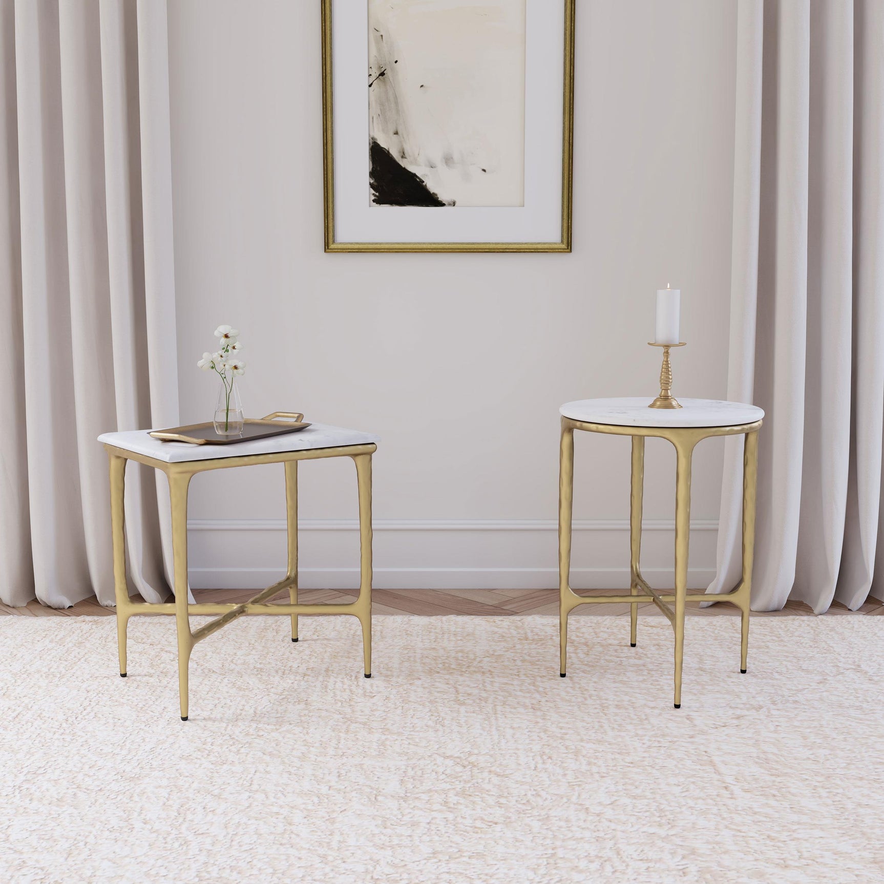Umas side table with decorative items on marble top