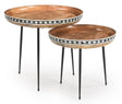 Ollie 2-piece round nesting tables, natural mango wood and black, view from front