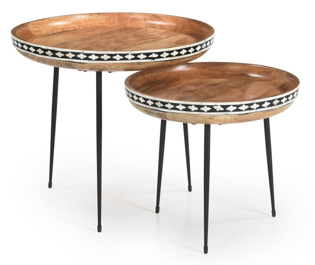Ollie 2-piece round nesting tables, natural mango wood and black, view from front