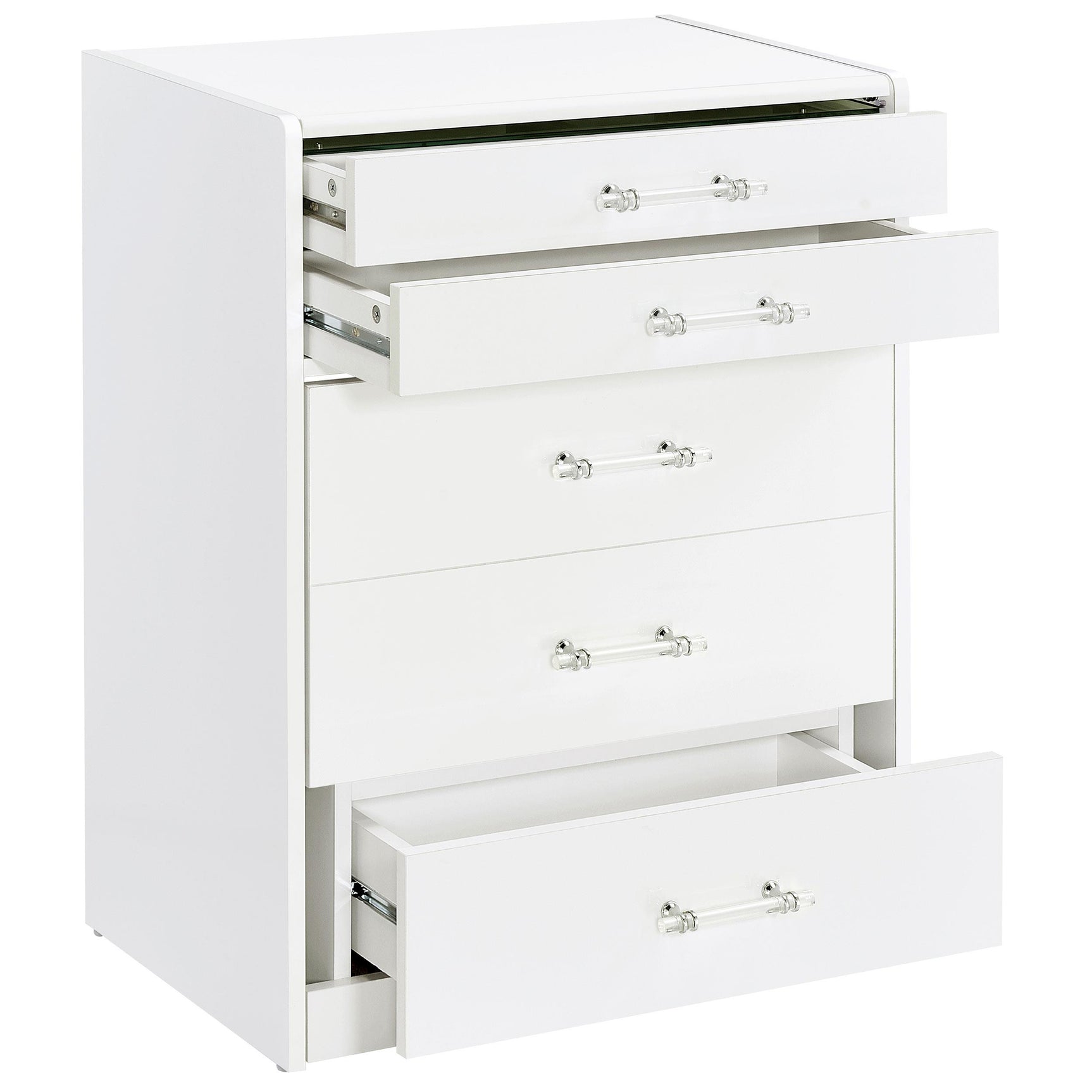 Side angle of vanity showing drawers and pull handles