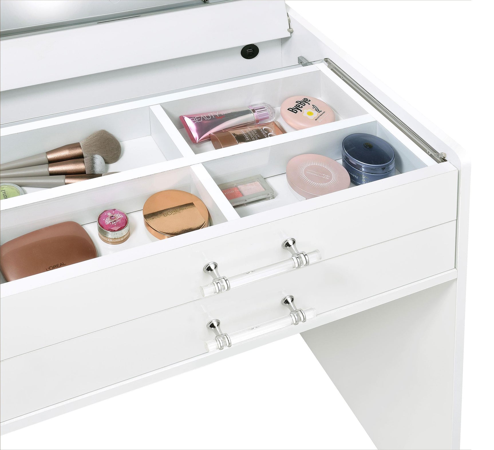 Danbury 3-drawer white high gloss makeup vanity and stool set with LED mirror