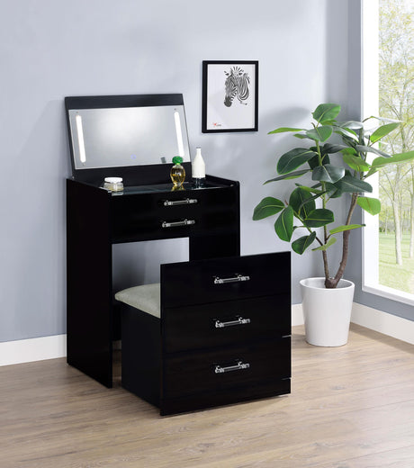 Close-up of vanity drawer showing metal extension glide