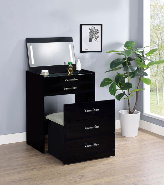 Close-up of vanity drawer showing metal extension glide