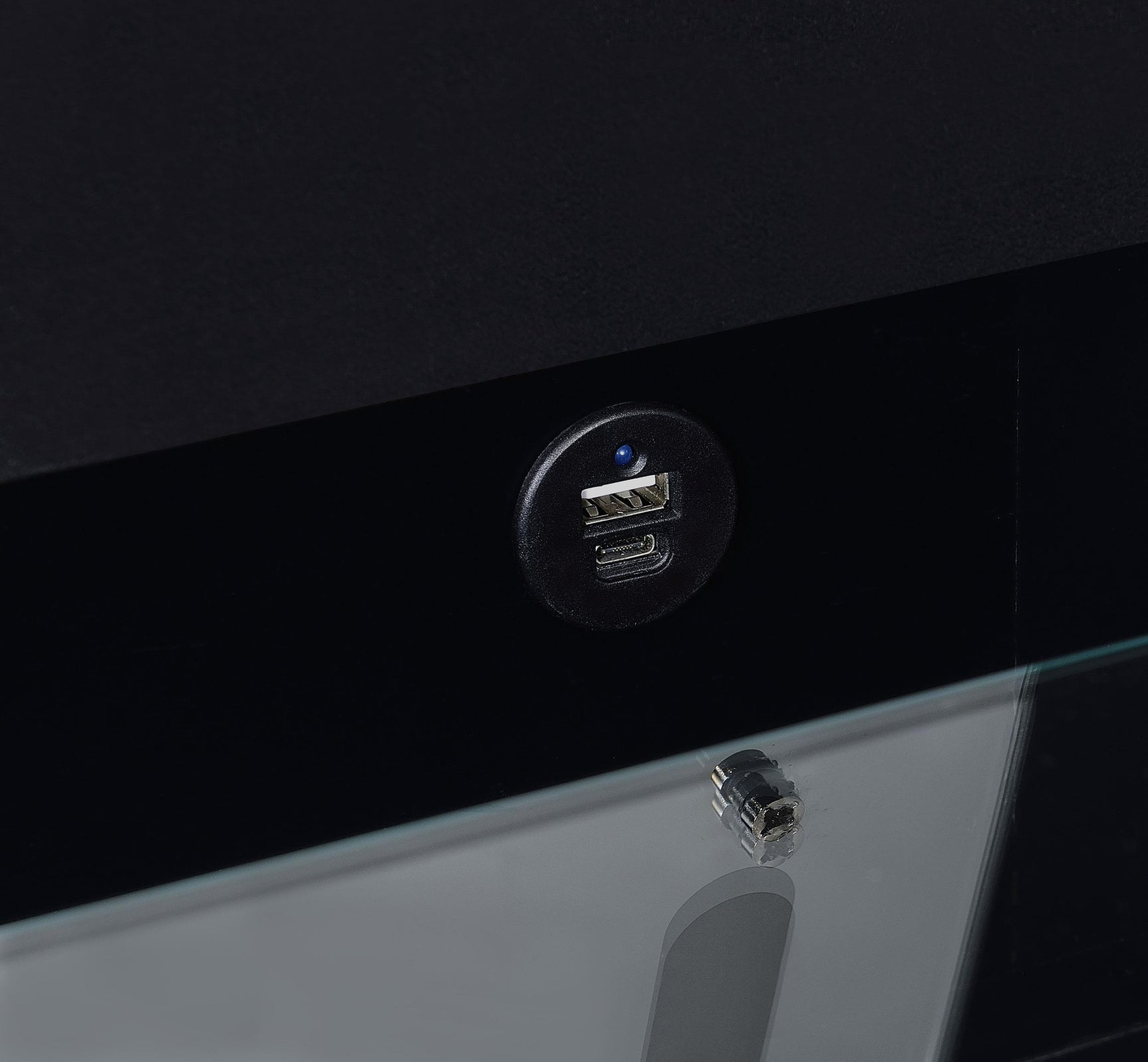 Vanity drawer metal glide close-up
