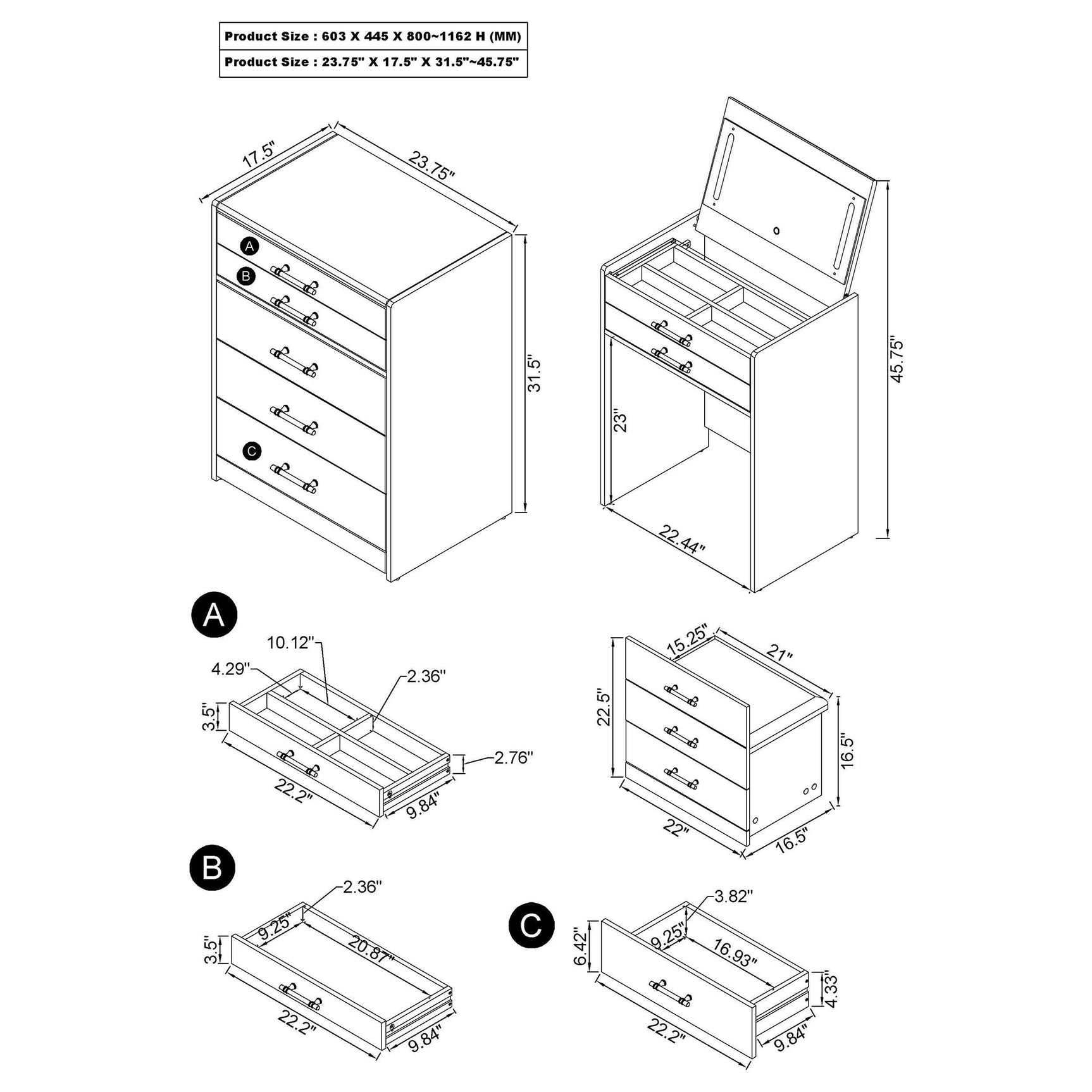 Vanity drawer organizational compartments