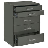 Drawer with metal extension glide and clear acrylic pull handle