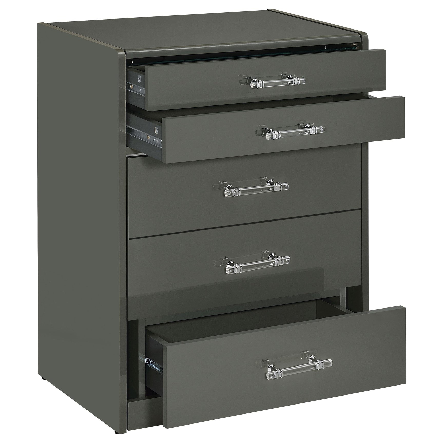 Drawer with metal extension glide and clear acrylic pull handle