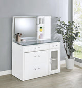 Vanity drawers open showing storage