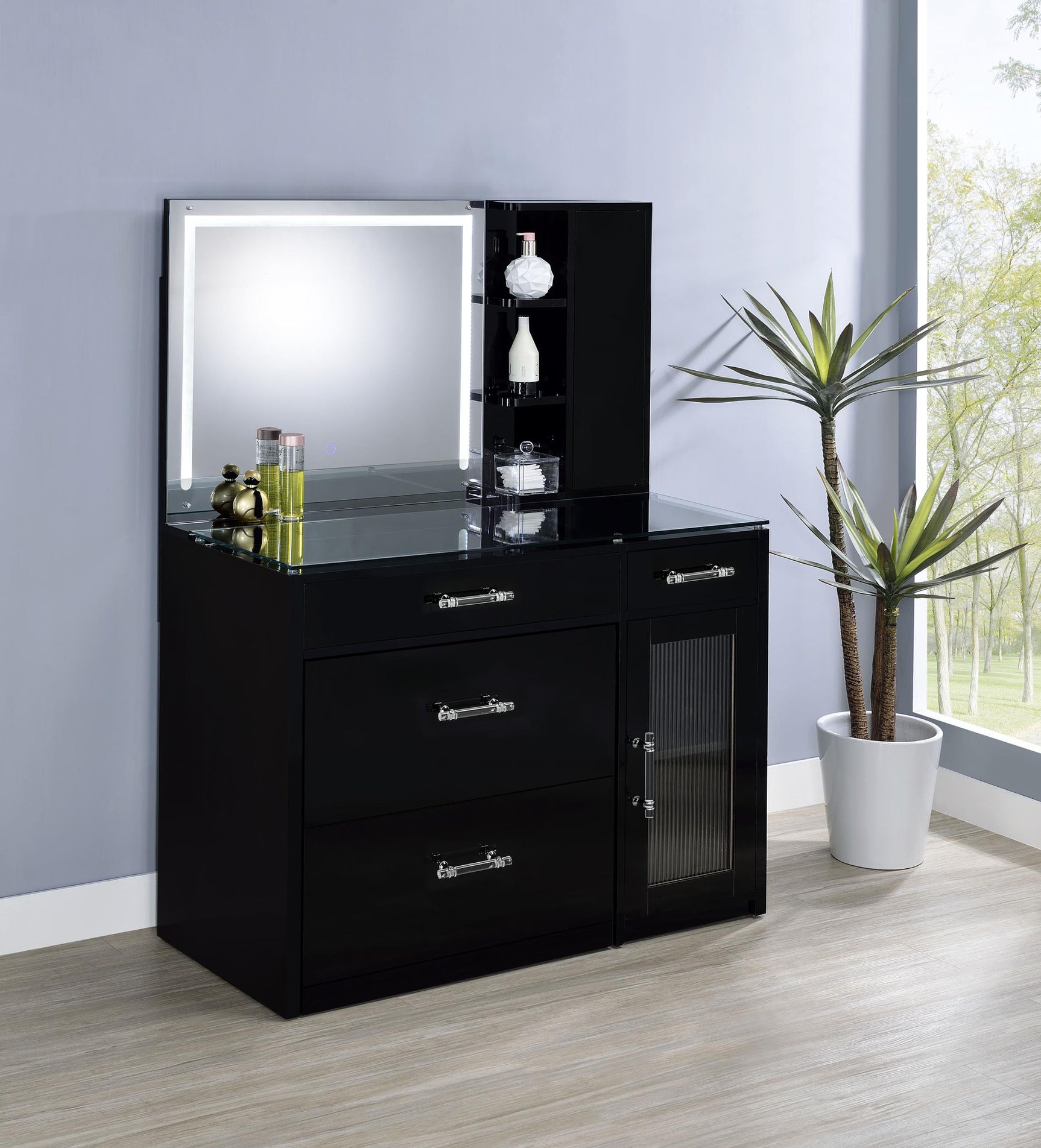 Close-up of LED mirror with touch switch on Flora vanity