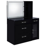 Open cabinet shelf and storage inside Flora vanity