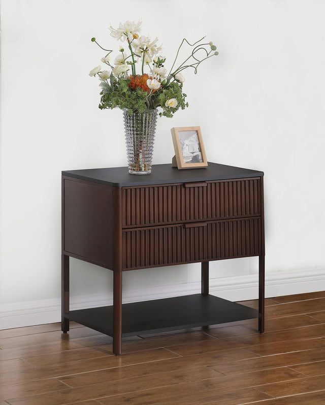Side view of Zimmerlee Rust Brown 2-Drawer Side Table