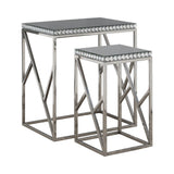 Betsy 2-Piece Silver Mirror Top Nesting Tables - side view highlighting stainless steel frame and crystal trim