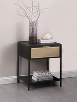 Amherst side table angled view highlighting rattan drawer