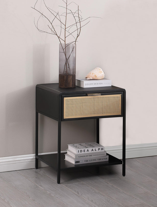 Amherst side table angled view highlighting rattan drawer