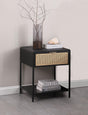 Amherst side table angled view highlighting rattan drawer