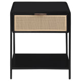 Side view of Amherst metal and rattan side table