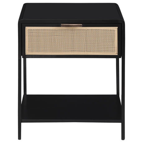 Side view of Amherst metal and rattan side table