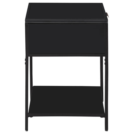 Side table drawer open showing storage space