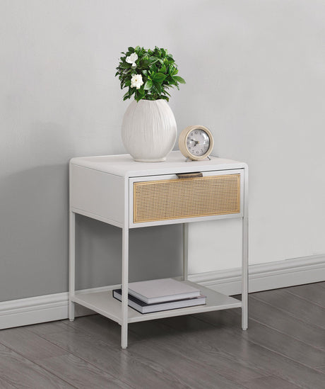 Amherst side table close-up of drawer and rattan weave