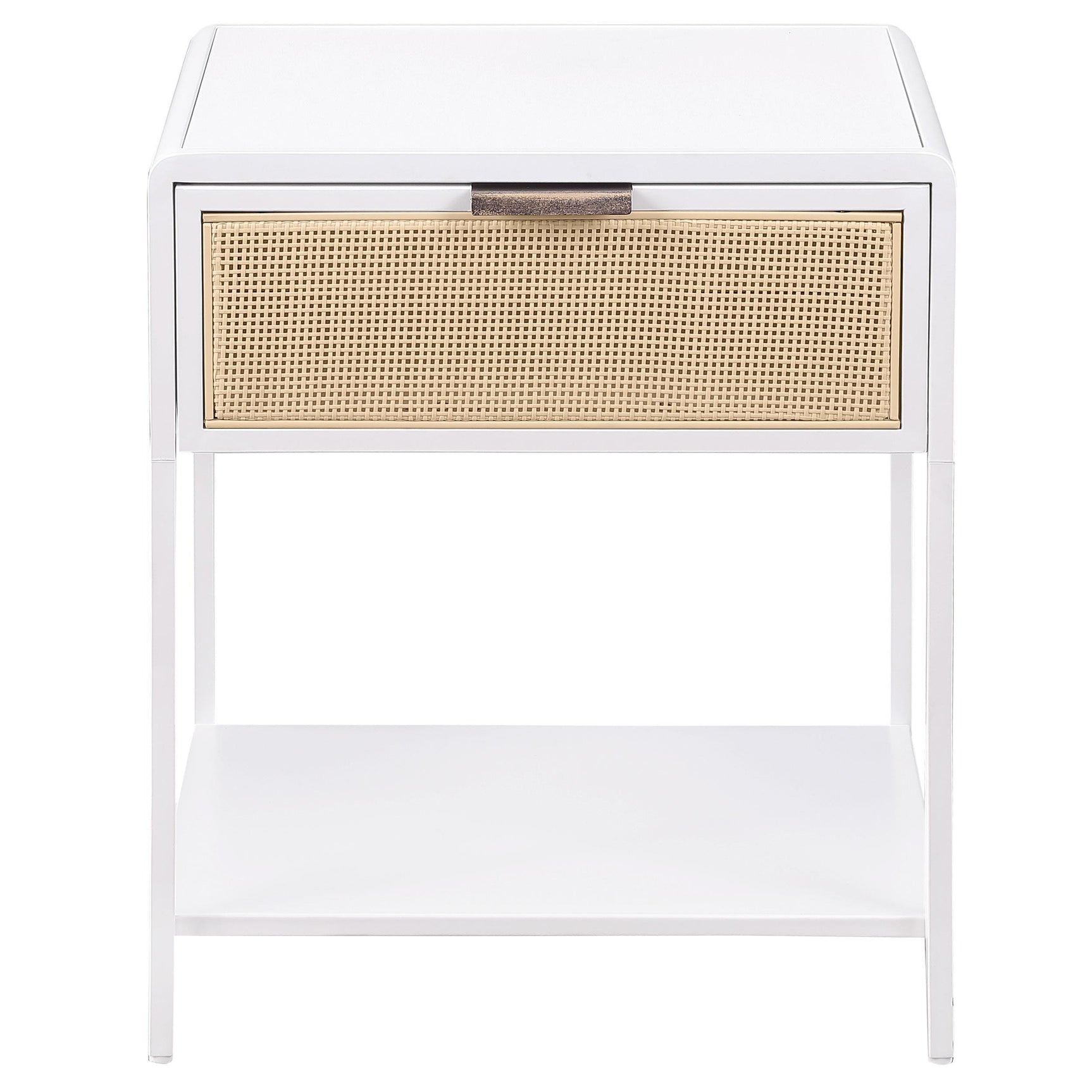 Amherst side table side angle showing metal frame