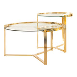 Delia 2-piece round nesting tables with clear glass tops and gold bases, side angle