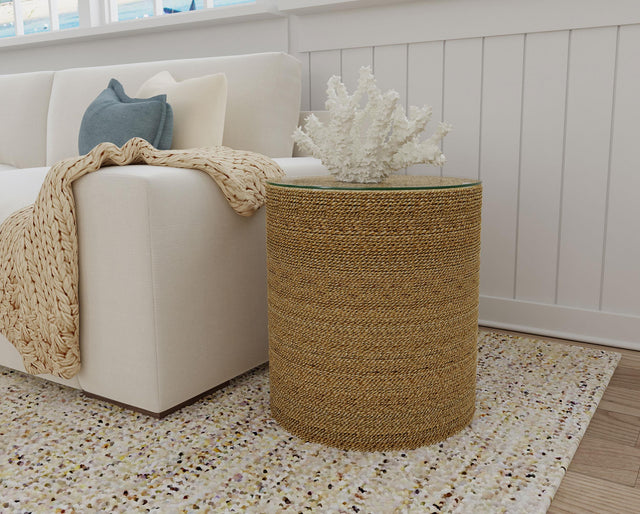 Close-up of woven seagrass texture on Halden side table
