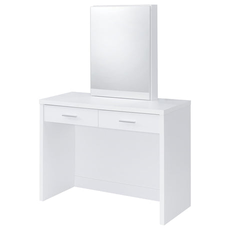 Bunbury white makeup vanity table set with storage mirror and upholstered stool