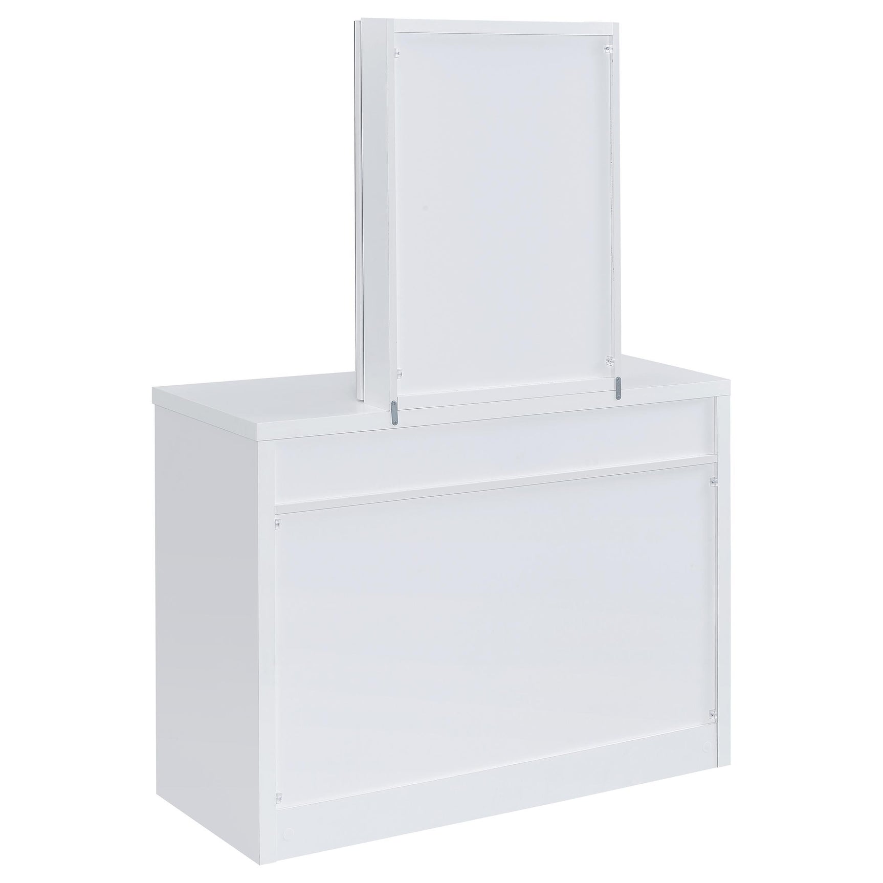 Bunbury white makeup vanity table set with storage mirror and upholstered stool