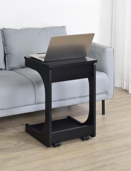 Side angle of Ralston black C-shaped sofa side table showing lift-top open