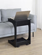 Side angle of Ralston black C-shaped sofa side table showing lift-top open