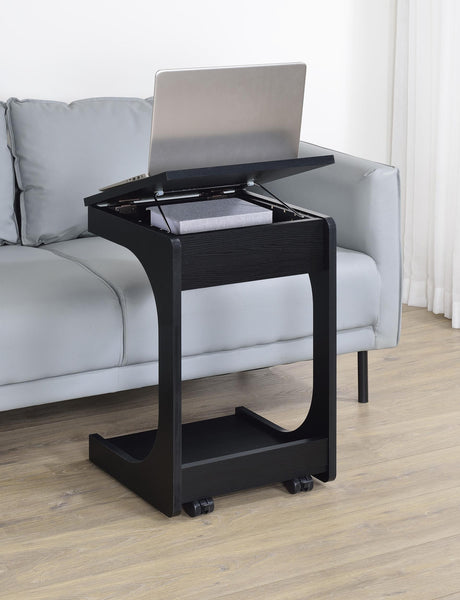 Closeup of black hardware and melamine veneer surface