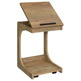Casters under Ralston C-shaped side table for easy movement