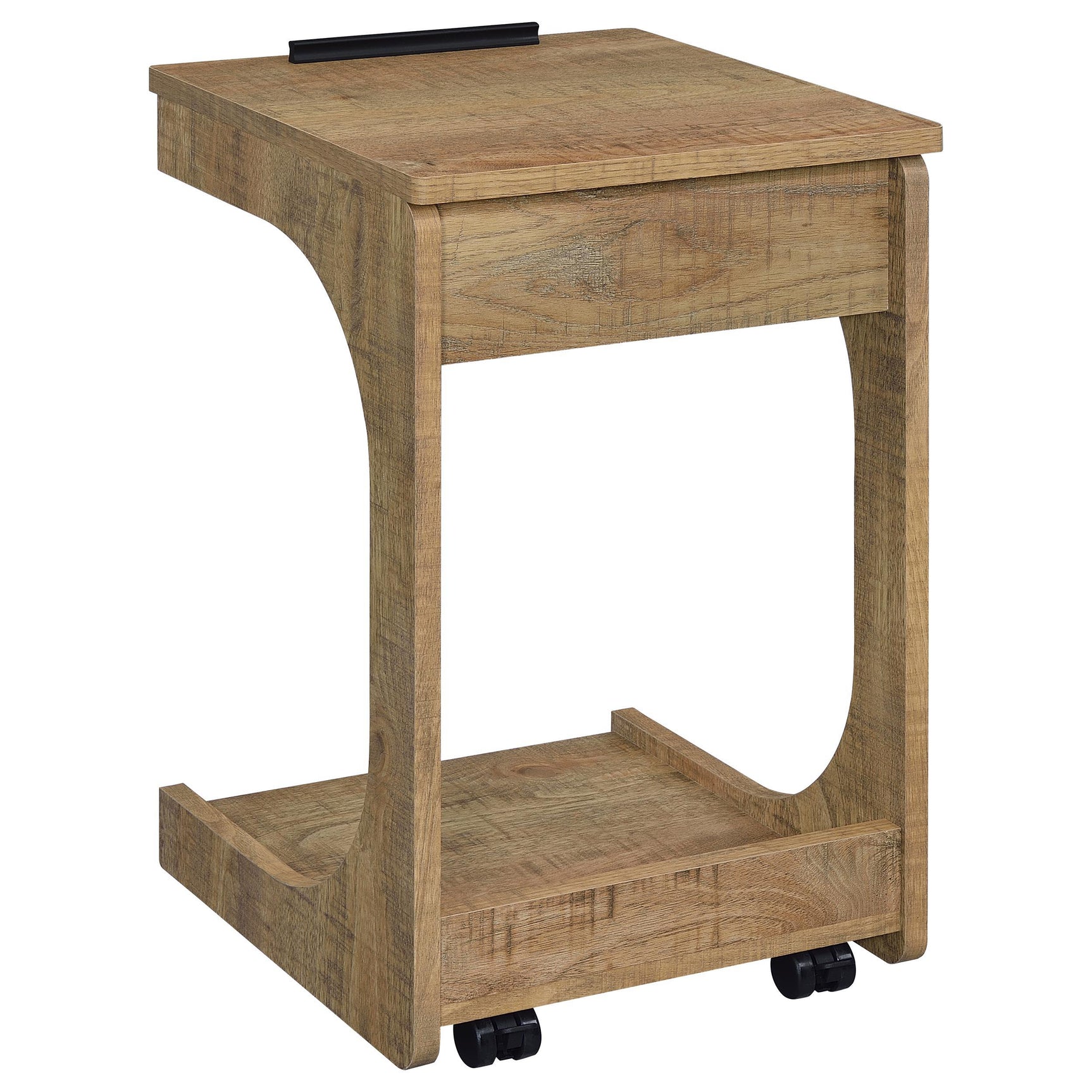 Side table tucked partially under sofa with mango finish