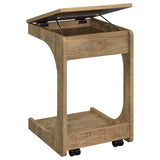 Detailed particle board construction under table surface