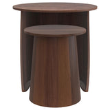 Small Yency round mango wood nesting table tucked under large table