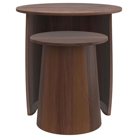 Small Yency round mango wood nesting table tucked under large table