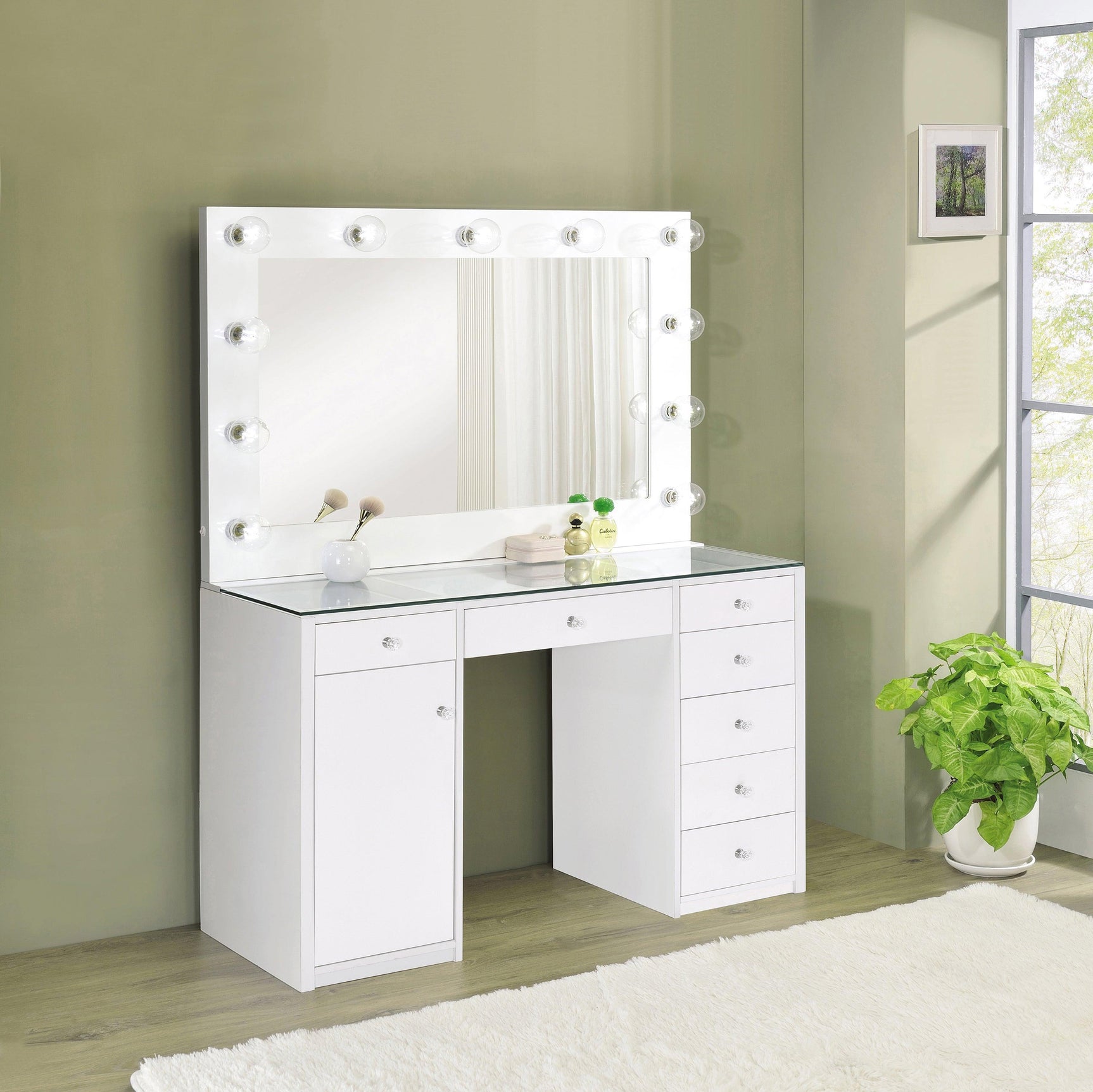 Percy 7-Drawer Glass Top Vanity Desk With Lighting White - Ella Furniture