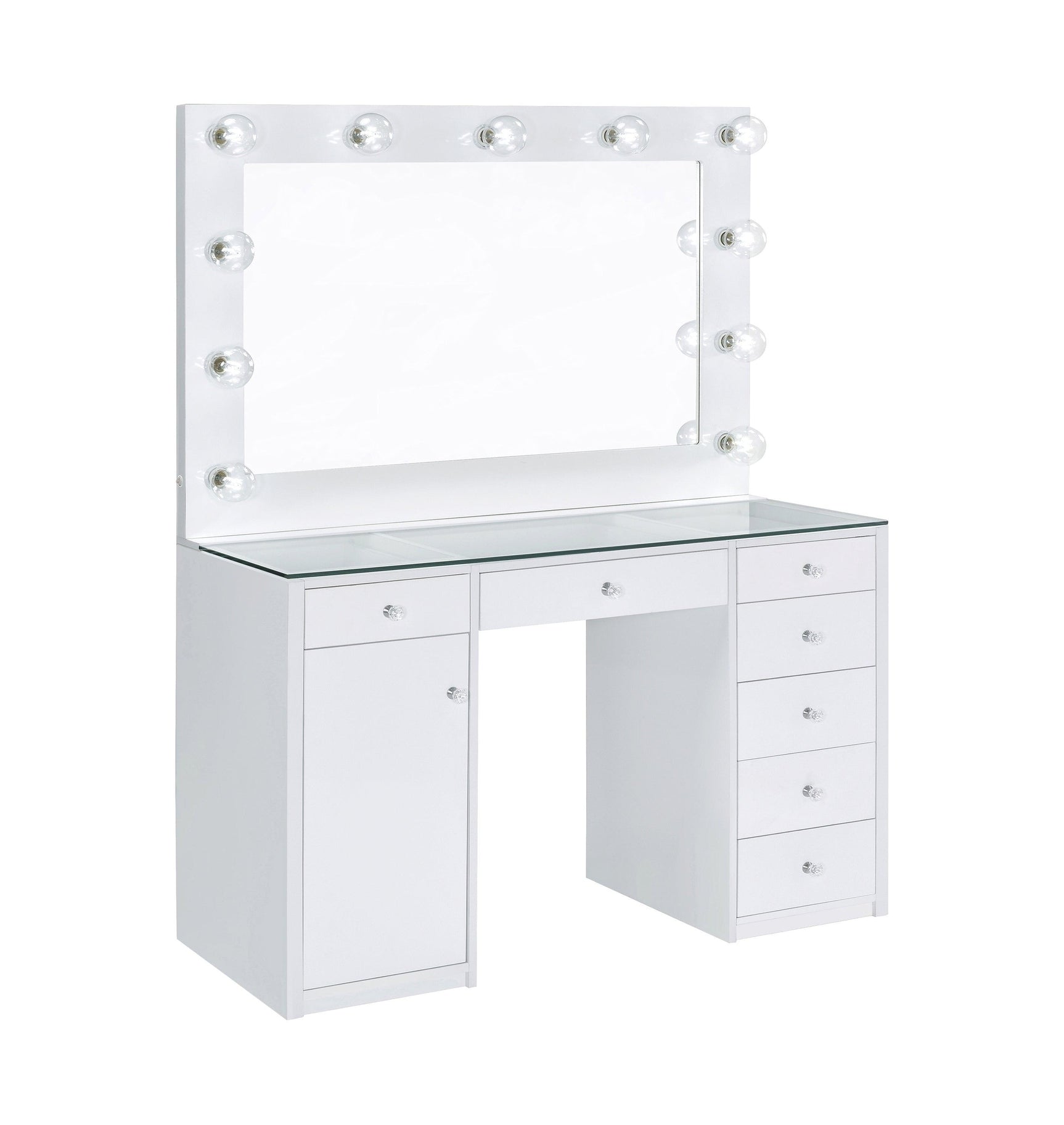 Percy 7-Drawer Glass Top Vanity Desk With Lighting White - Ella Furniture